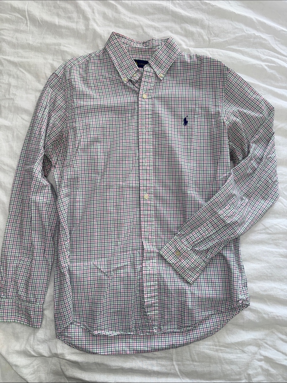 Ralph Lauren Men's Button-Down Plaid Shirt - White with Blue & Green Check